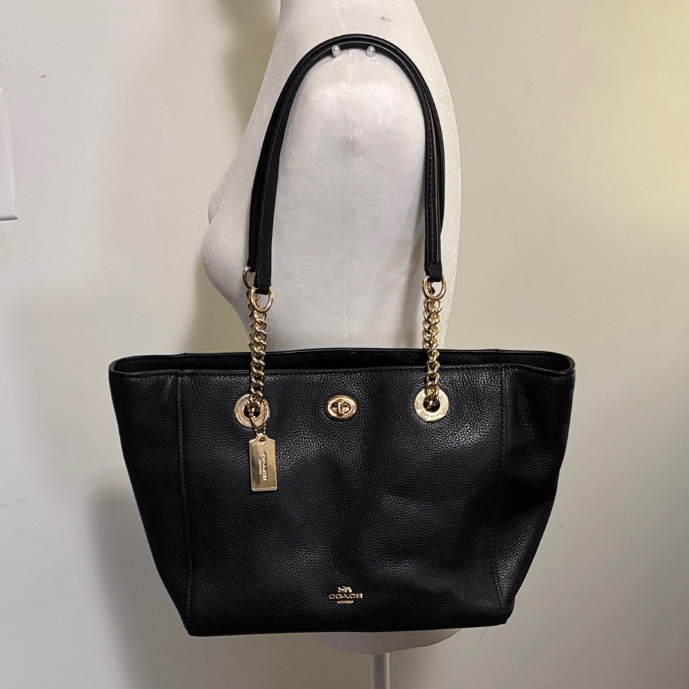 Coach Black Pebbled Leather Tote with Gold Chain Accents